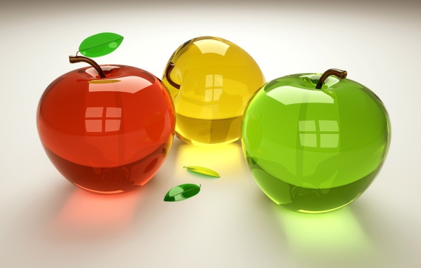 Стеклянные разноцветные яблоки на белом фоне 3 д графика 