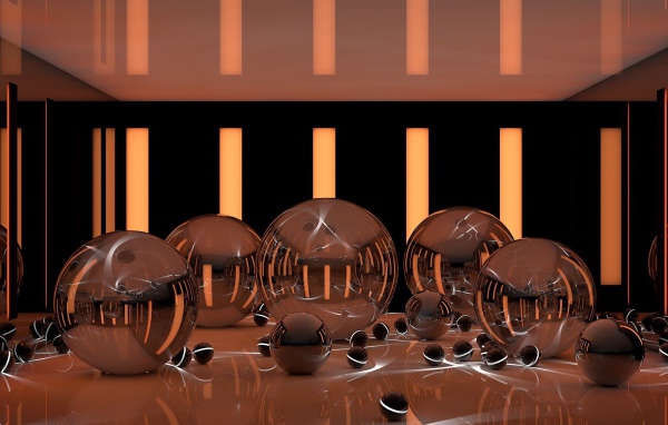 Глянцевые шары на поверхности с неоновыми полосками 