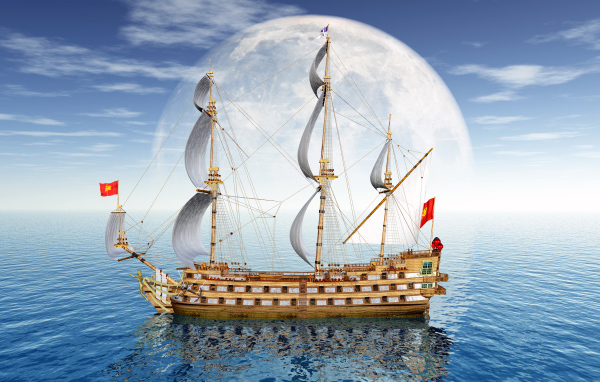 Большое парусное судно на фоне луны в море 3д графика