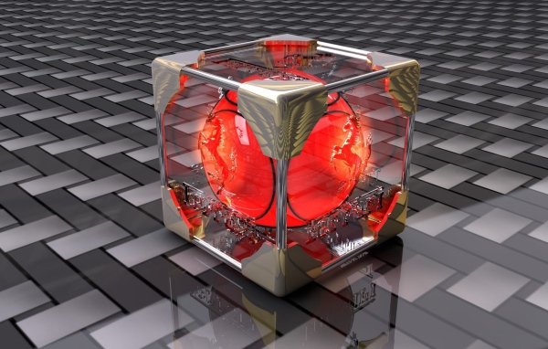 Красный шар в стеклянном кубе 3D графика 