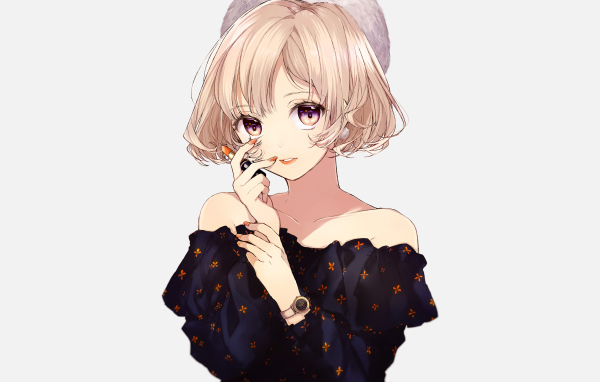 Девушка аниме блондинка с помадой в руках на белом фоне