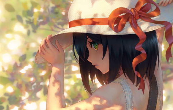 Аниме девушка в шляпе с красным бантом 