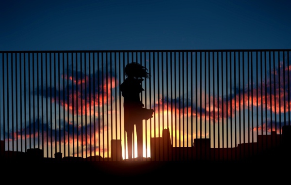 Аниме девушка на крыше смотрит на закат  