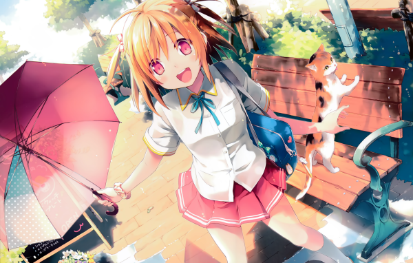 Веселая девушка аниме с розовым зонтом
