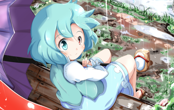 Девушка с голубыми волосами под дождем аниме Touhou 