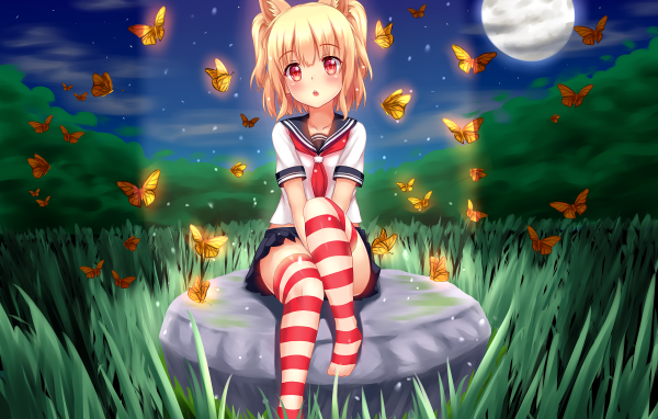 Девушка аниме с бабочками при свете луны 