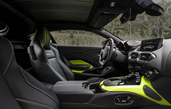 Black leather interior of the car Aston Martin Vantage, 2018