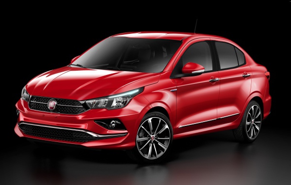 Красный автомобиль  Fiat Cronos, 2018 на черном фоне