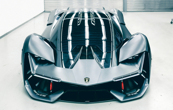 Эффектный черный спортивный суперкар Lamborghini Terzo Millennio вид спереди