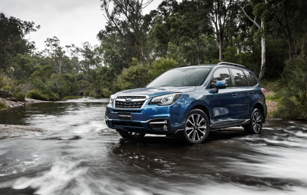 Внедорожник Subaru Forester проезжает через реку 