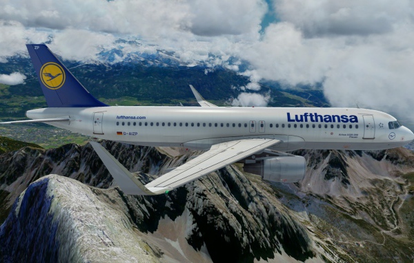 Airbus A320 авиакомпании Lufthansa полет над горами 