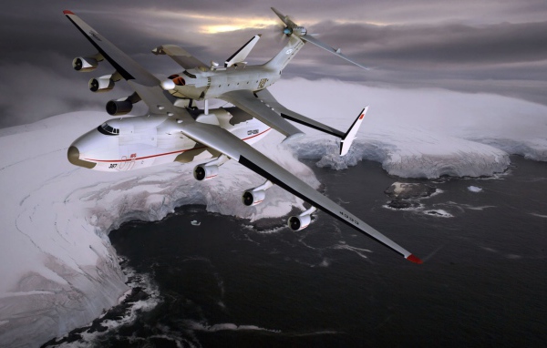 Полет транспортного самолета АН-225 Мрия над  Северным ледовитым океаном