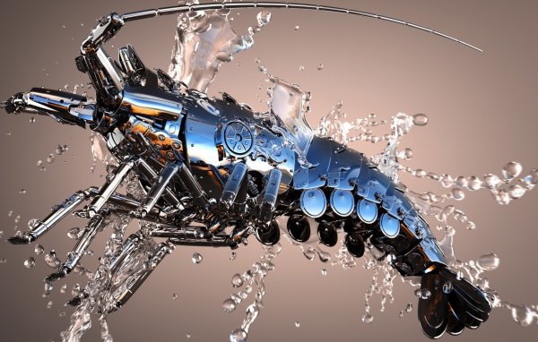 Механический рак в каплях воды 