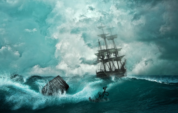 Пиратский корабль в бушующем океане во время шторма
