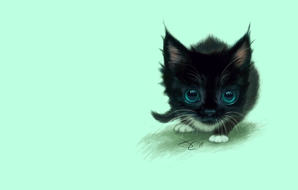 Маленький нарисованный черный котенок  с большими зелеными глазами