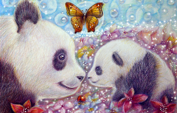 Большая медведица панда с маленьким медвежонком и бабочками