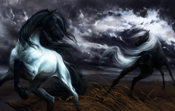 Две нарисованные черные лошади скачут под грозовым небом