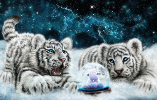 Два нарисованных белых тигренка со стеклянным шаром