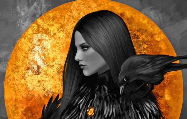 Девушка с желтыми глазами и вороном на плече на фоне большой луны 