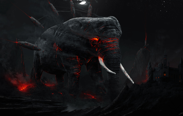 Большой черный слон с магмой внутри в разрушенном городе