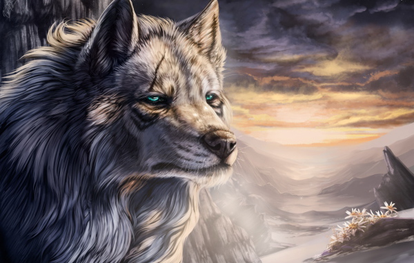 Большой фантастический волк с зелеными глазами