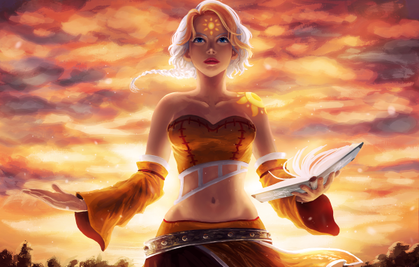 Голубоглазая девушка блондинка с волшебной книгой в руке, фэнтези