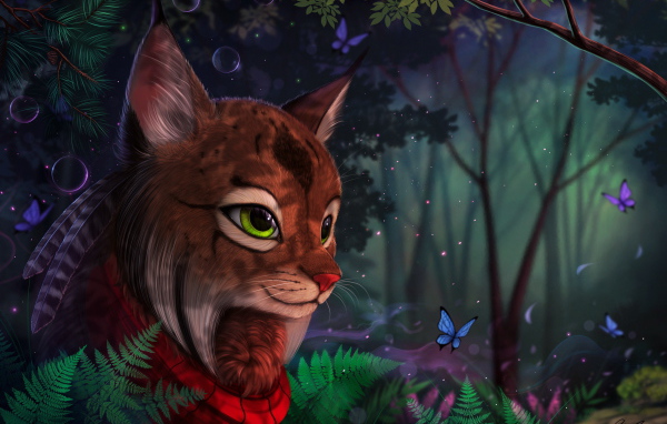 Фантастическая волшебная рысь в лесу с бабочками