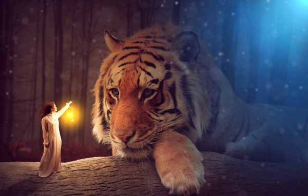 Девушка с фонарем освещает большого тигра