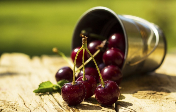 Спелые вишни в капельках воды  на столе с маленьким железным ведерком