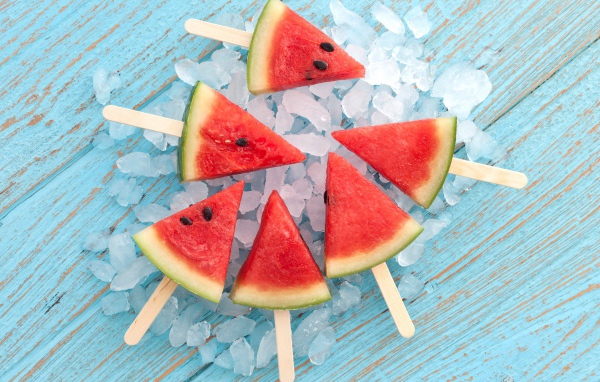 Кусочки арбуза на палочке лежат на льду