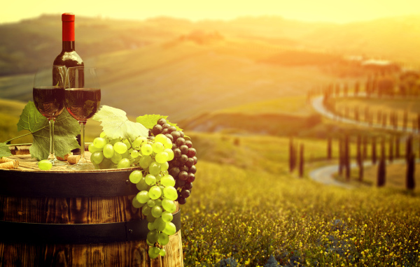 Два бокала с красным вином и свежий виноград на бочке 