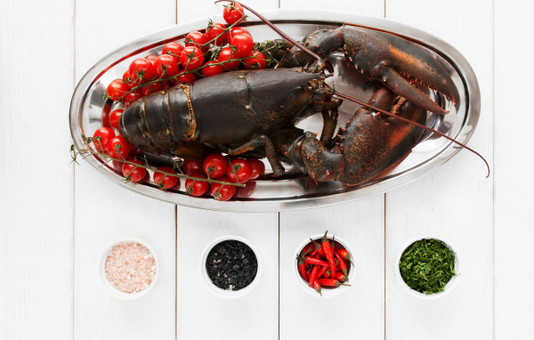 Большой омар на блюде с помидорами и специями