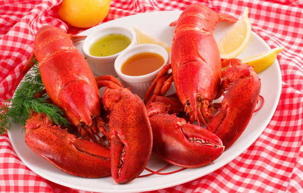 Два вареных омара на тарелке с соусом