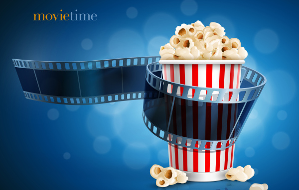 Стакан попкорна и кинолента на голубом фоне с надписью  Movietime