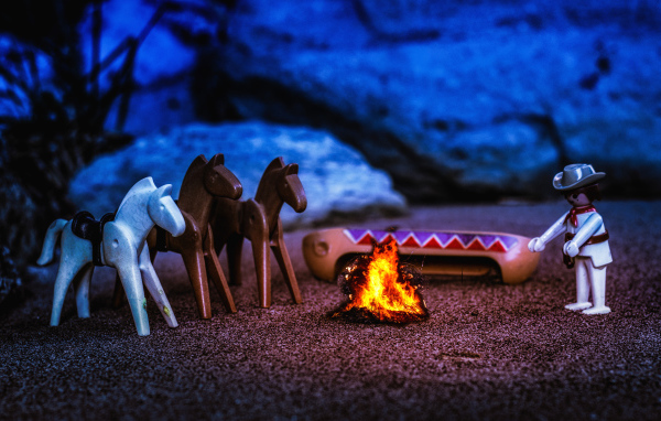 Lego toys are warming around the fire