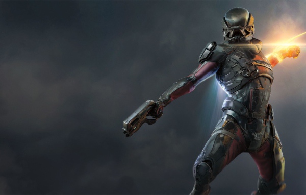 Персонаж игры Mass Effect Andromeda с оружием 