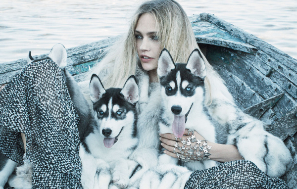 Девушка модель Саша Пивоварова с щенками хаски  
