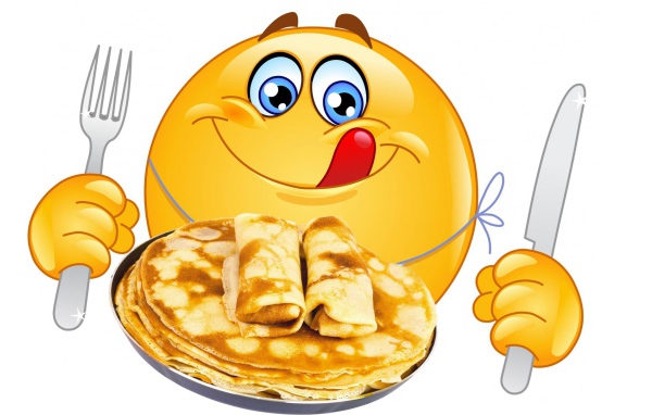 Смайлик с блинами открытка на Масленицу