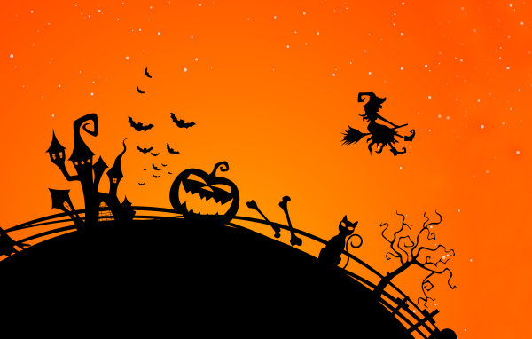 Черная тыква, замок и летящая ведьма на оранжевом фоне праздник Хэллоуин