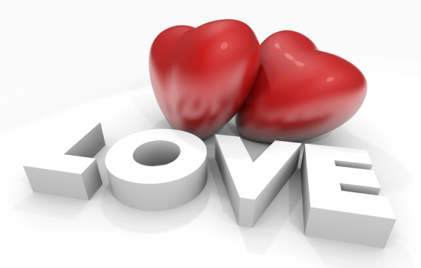 Два больших красных сердца с надписью Любовь на белом фоне, на 14 февраля