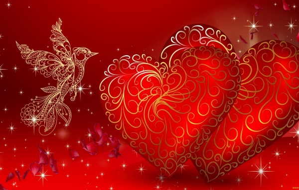 Два сердца и волшебная птица открытка на День Влюбленных 