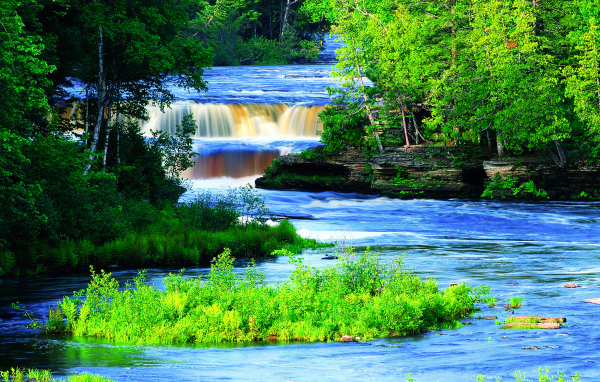 Живописная река с водопадом между зеленых деревьев 