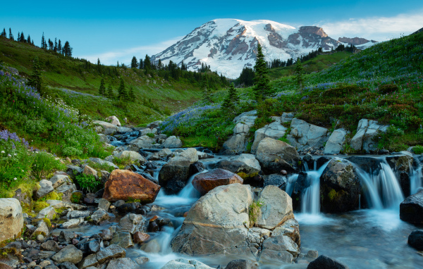 Живописный ручей течет по камням на фоне горы