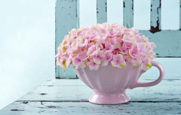 Нежные розовые цветы в белой вазе