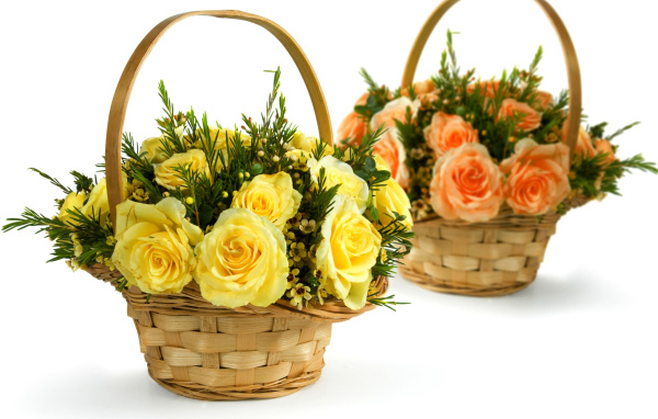 Две корзины с желтыми и оранжевыми розами на белом фоне