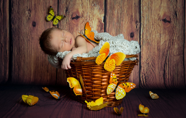 Милый спящий младенец в корзине с бабочками
