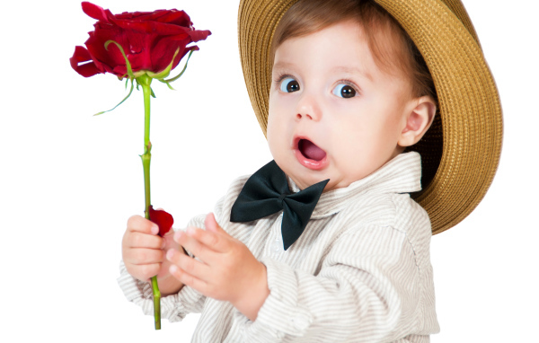 Забавный маленький мальчик в шляпе с красной розой в руке