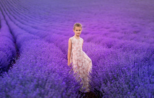 Девочка в красивом платье на лавандовом поле