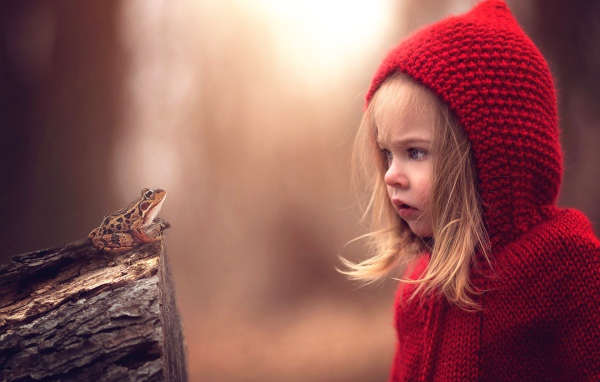 Удивленная девочка в красном капюшоне смотрит на лягушку