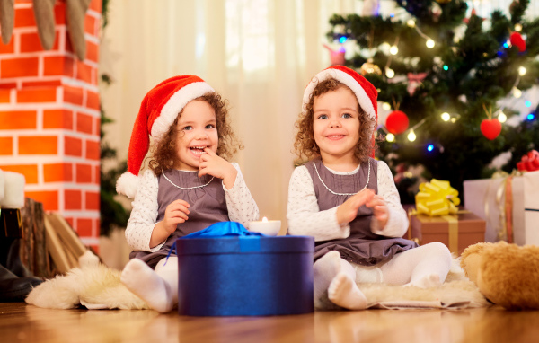Две улыбающиеся девочки близняшки с новогодним подарком под елкой